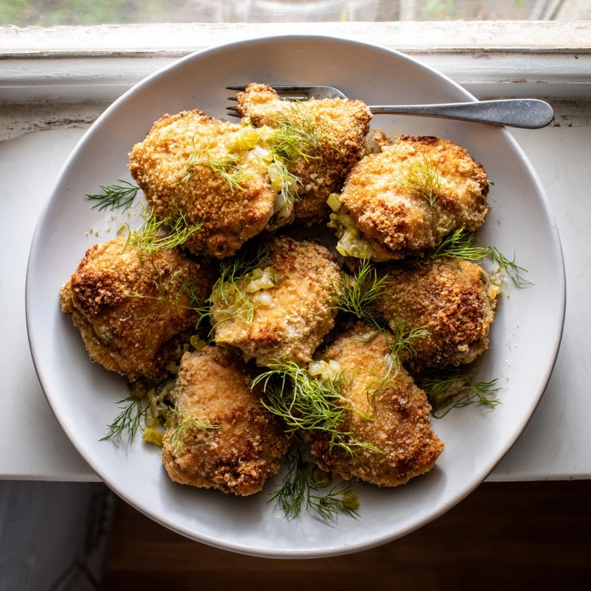 Juicy fried chicken coated in crunchy panko crust garnished with fresh dill pickles
