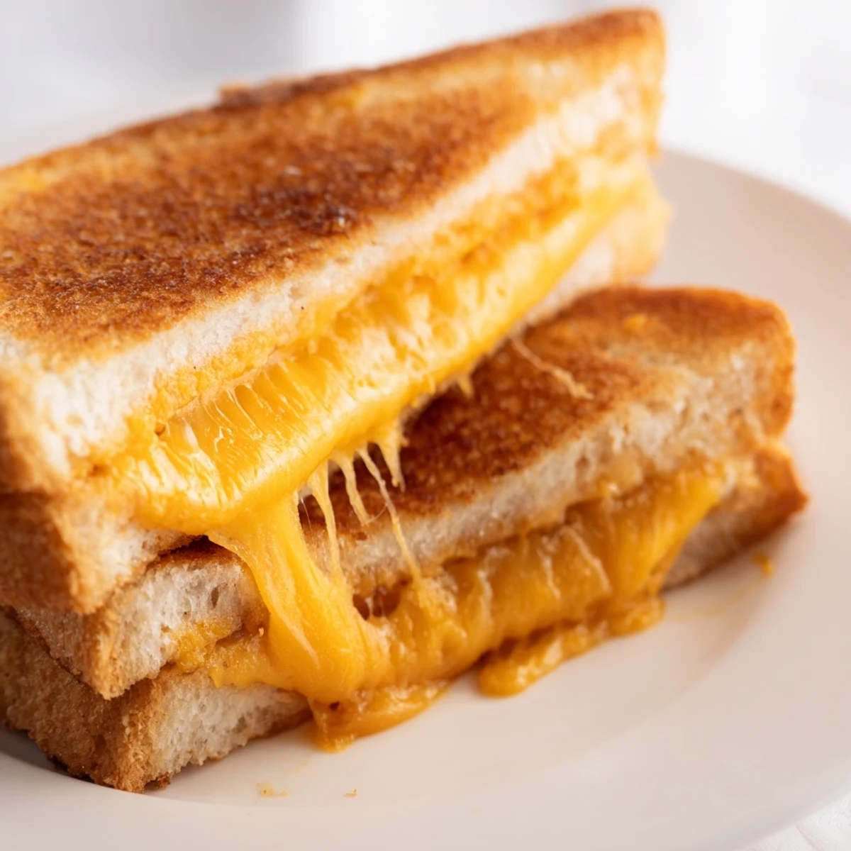 Golden grilled cheese sandwich with melted cheddar oozing between buttery crispy toasted bread slices