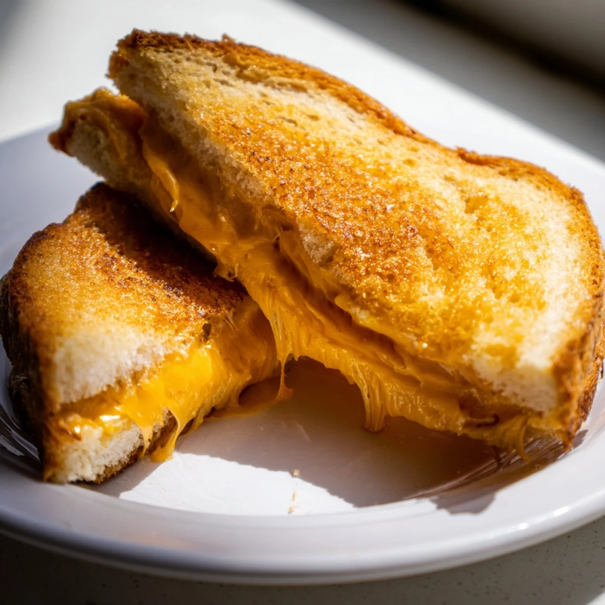 Classic grilled cheese sandwich cut diagonally revealing gooey yellow cheese and golden brown exterior