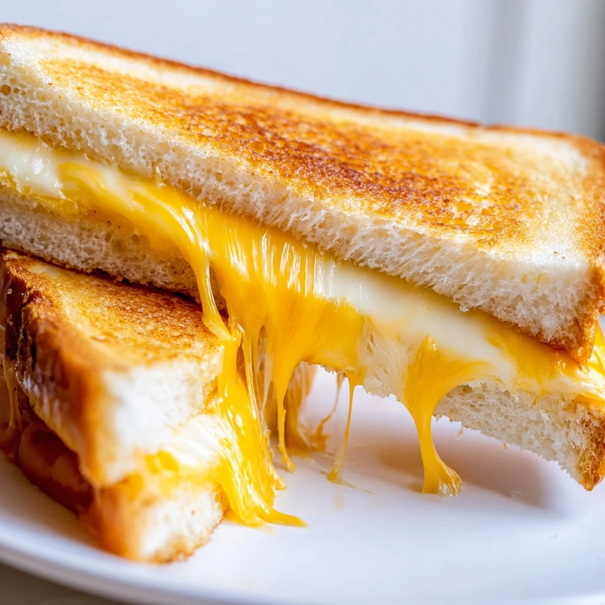 Buttery grilled cheese sandwich on white plate showing perfectly melted cheese and crispy grilled surface