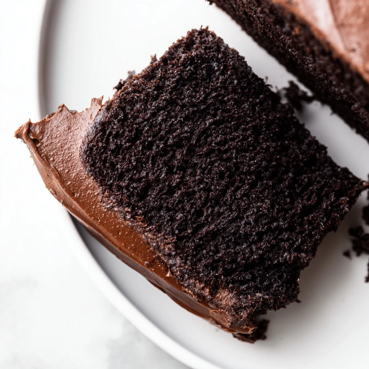 Moist chocolate mayonnaise cake slice revealing tender dark crumb on white dessert plate