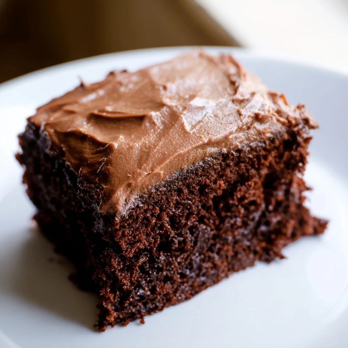 Decadent chocolate mayonnaise cake topped with creamy frosting served on elegant serving platter