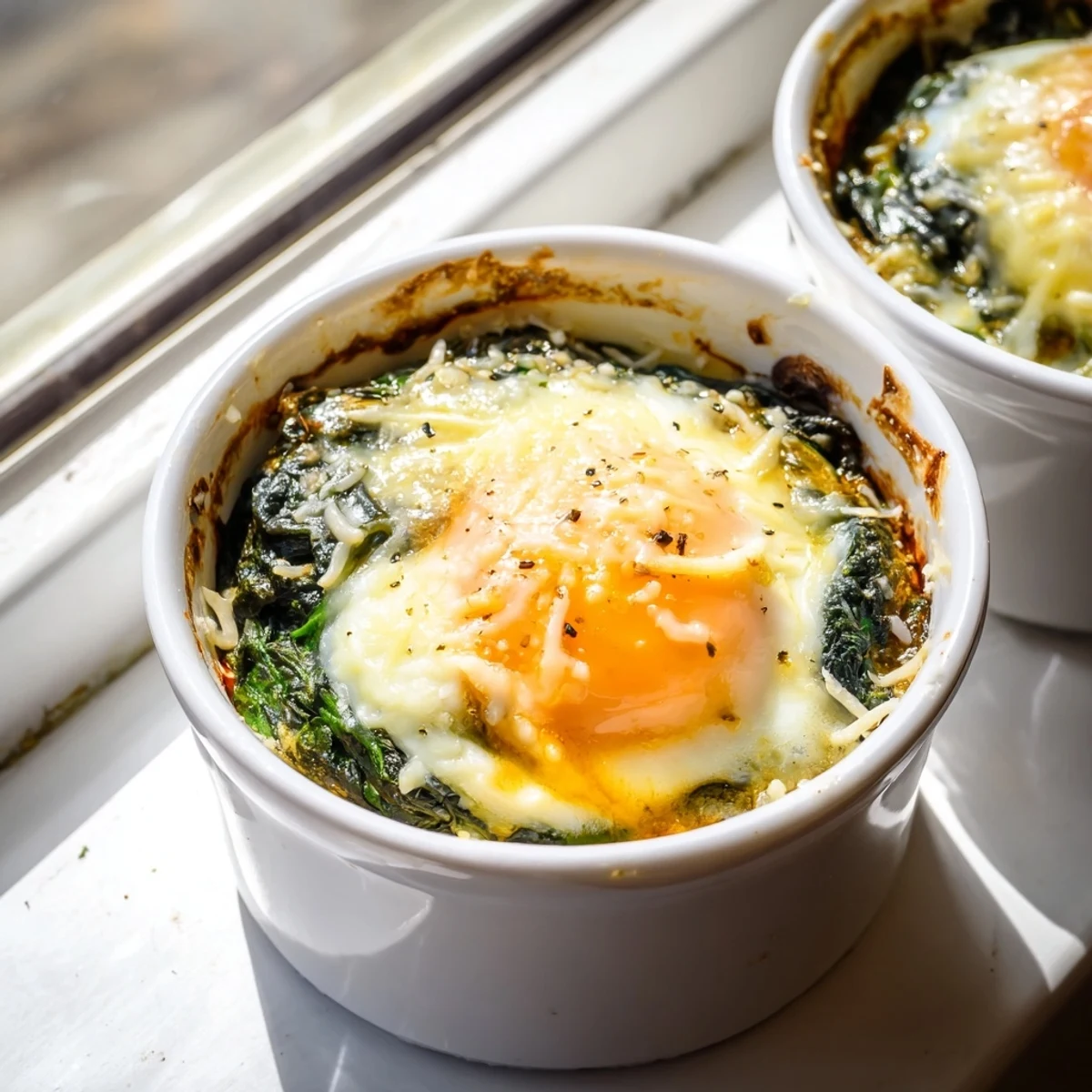 Creamy baked eggs spinach parmesan featuring wilted greens and runny yolks bubbly hot
