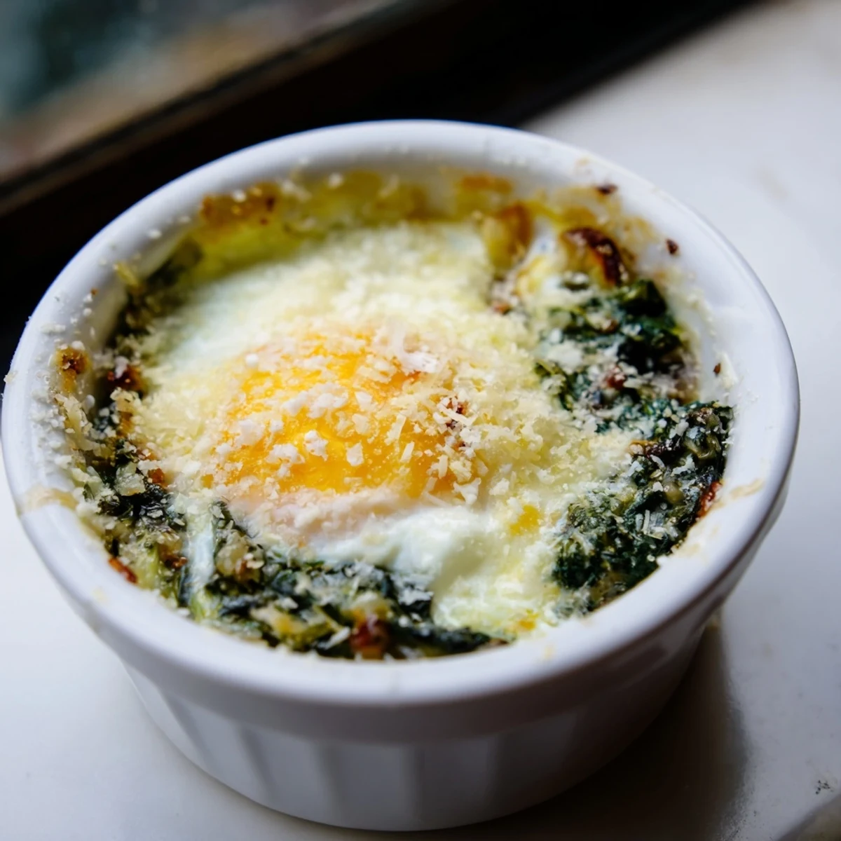 Golden baked eggs spinach parmesan in individual ramekins with melted cheese topping