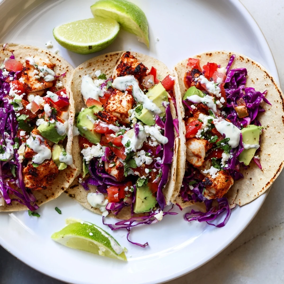 Golden grilled fish flakes inside warm corn tortillas topped with crunchy red cabbage and fresh cilantro