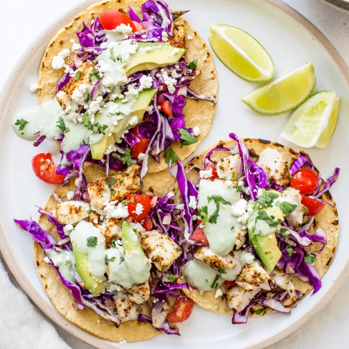Homemade grilled fish cilantro tacos stacked high with avocado slices, crumbled cheese, and zesty lime crema