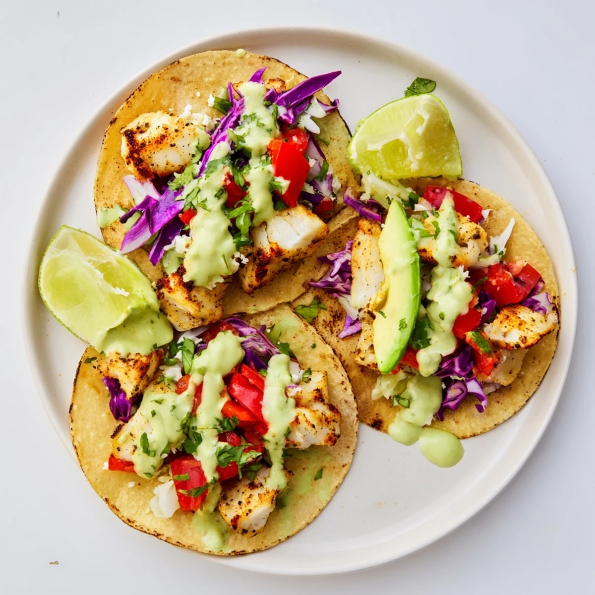 Perfectly charred white fish nestled in soft tortillas with vibrant tomatoes, shredded cabbage, and creamy sauce