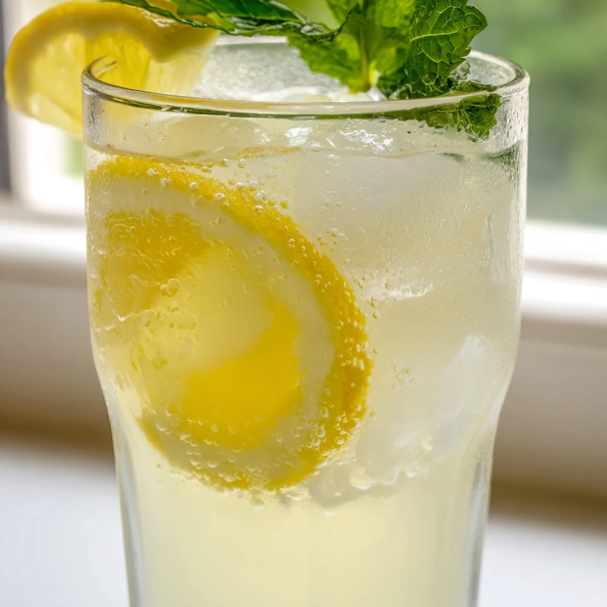Fresh homemade lemonade with ice cubes and mint garnish in clear glasses