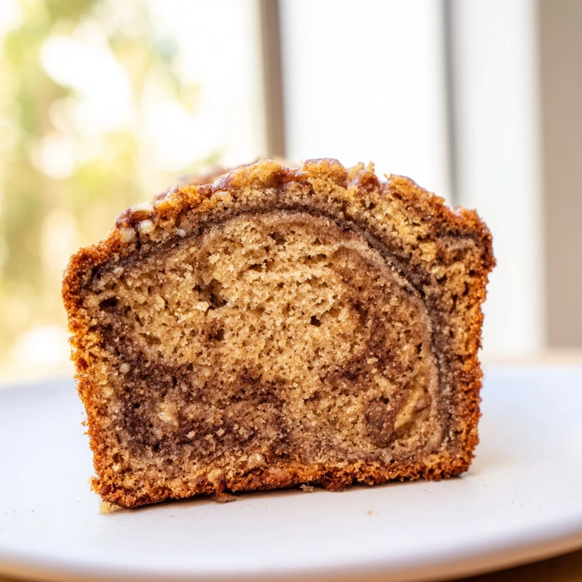 Golden banana nut bread loaf topped with chopped walnuts and a cinnamon swirl pattern