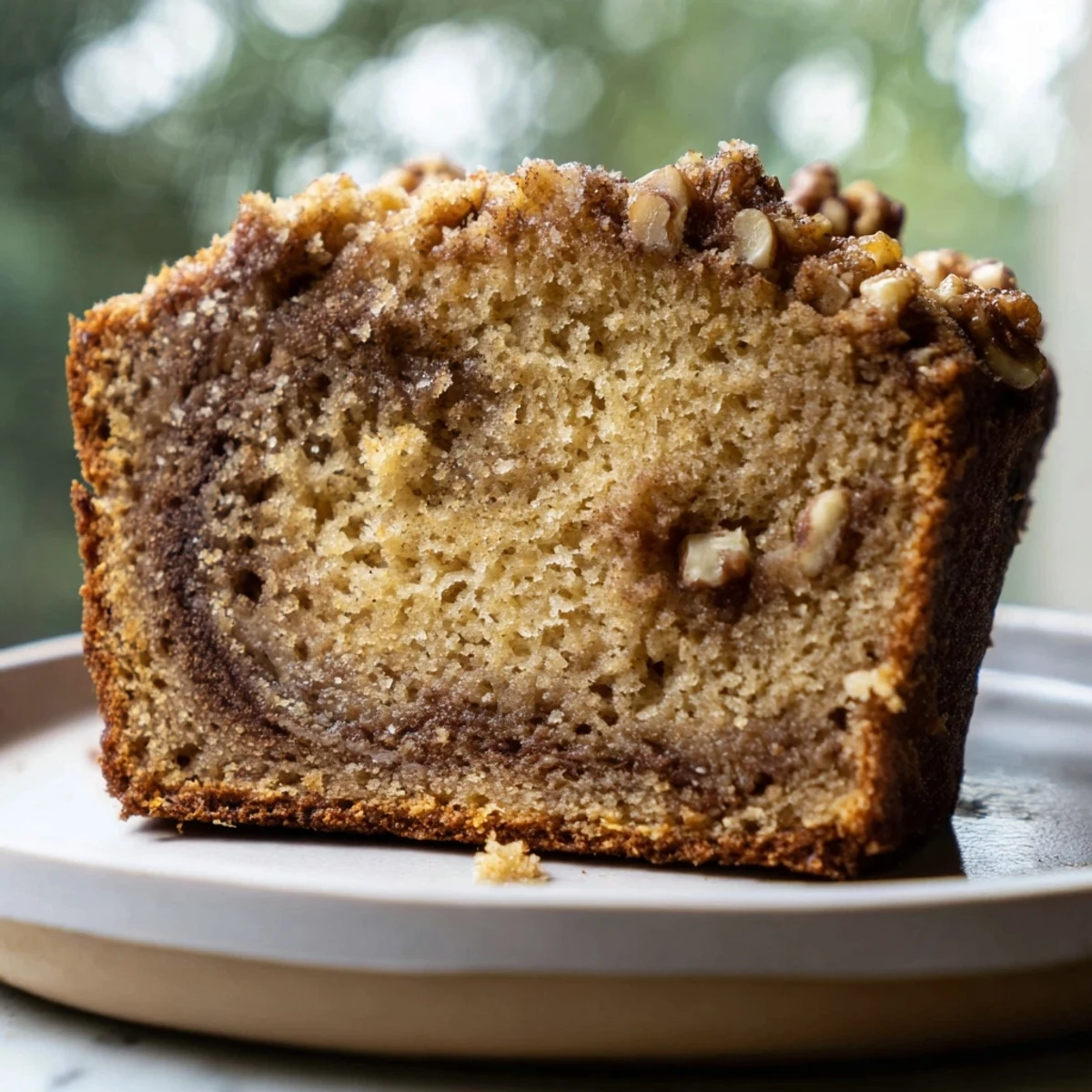 Warm slice of banana nut bread with crunchy walnuts and ribbons of sweet cinnamon swirl