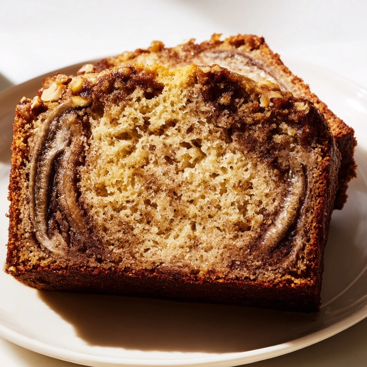 Moist homemade banana bread with walnuts and marbled cinnamon sugar layer sliced on a wooden board