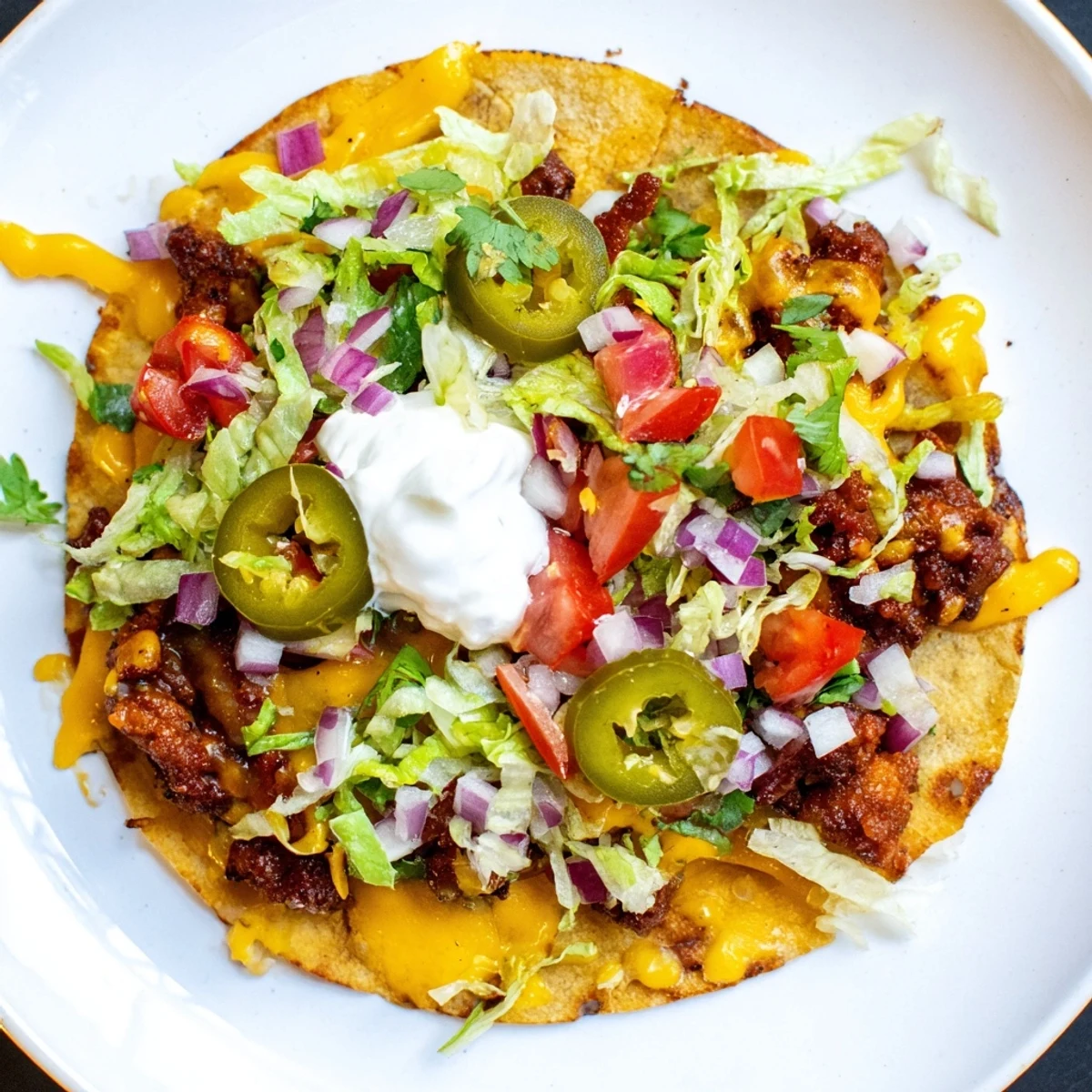 Juicy seasoned beef patties smashed onto cheesy tortillas with lettuce, tomatoes, and sour cream