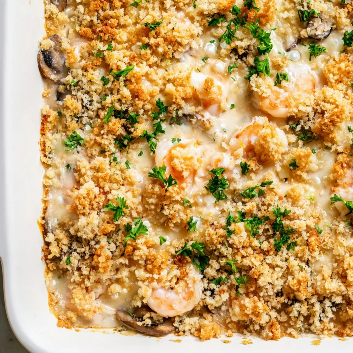 Golden shrimp mushroom casserole with crispy panko topping fresh from oven