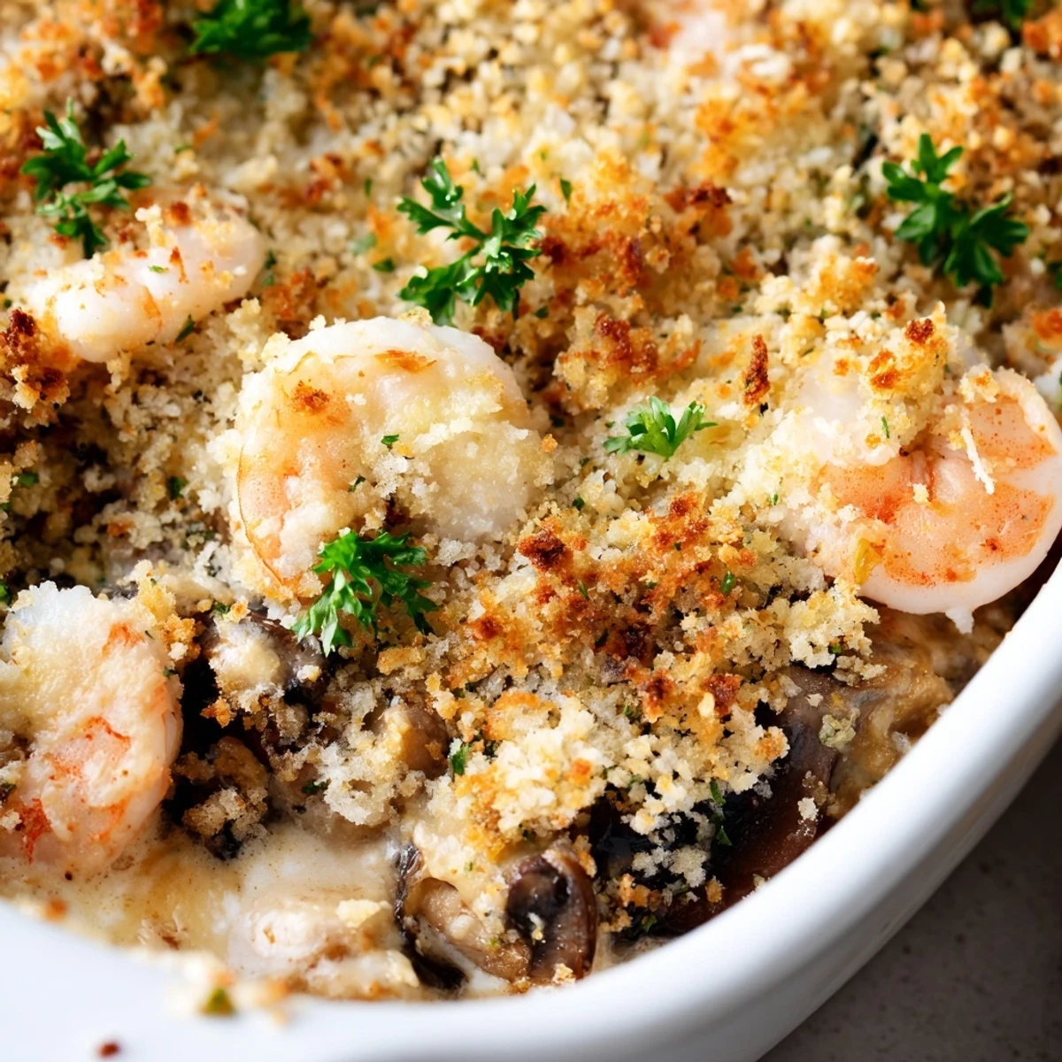 Creamy baked shrimp mushroom casserole topped with buttery parmesan breadcrumbs and parsley