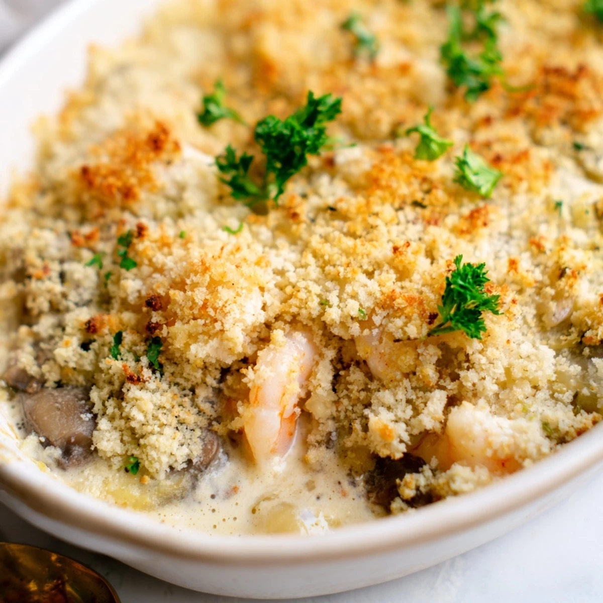 Savory shrimp mushroom casserole bubbling with melted cheese and golden crust