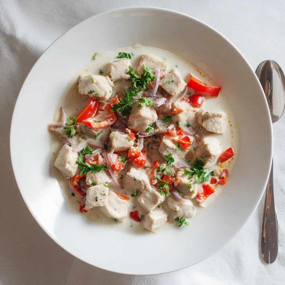 Creamy Brazilian coconut chicken simmered in rich white sauce with colorful bell peppers and fresh cilantro garnish