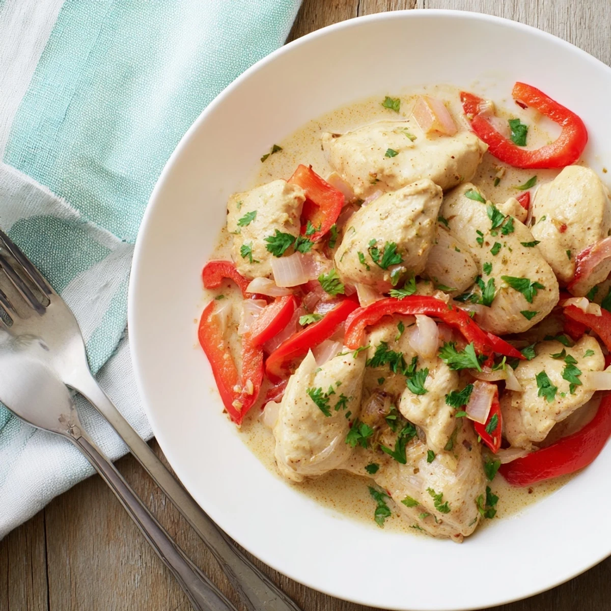 Golden Brazilian coconut chicken pieces in coconut milk sauce served over steamed white rice with lime wedges