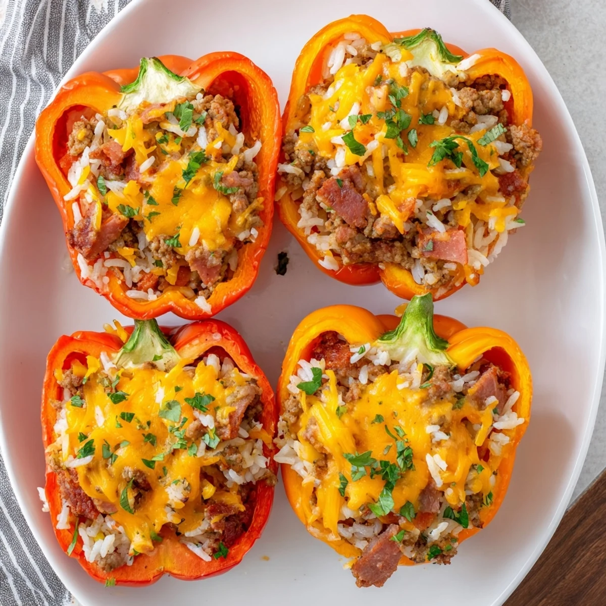 Tender baked bell peppers overflowing with cheesy beef, kielbasa and rice mixture