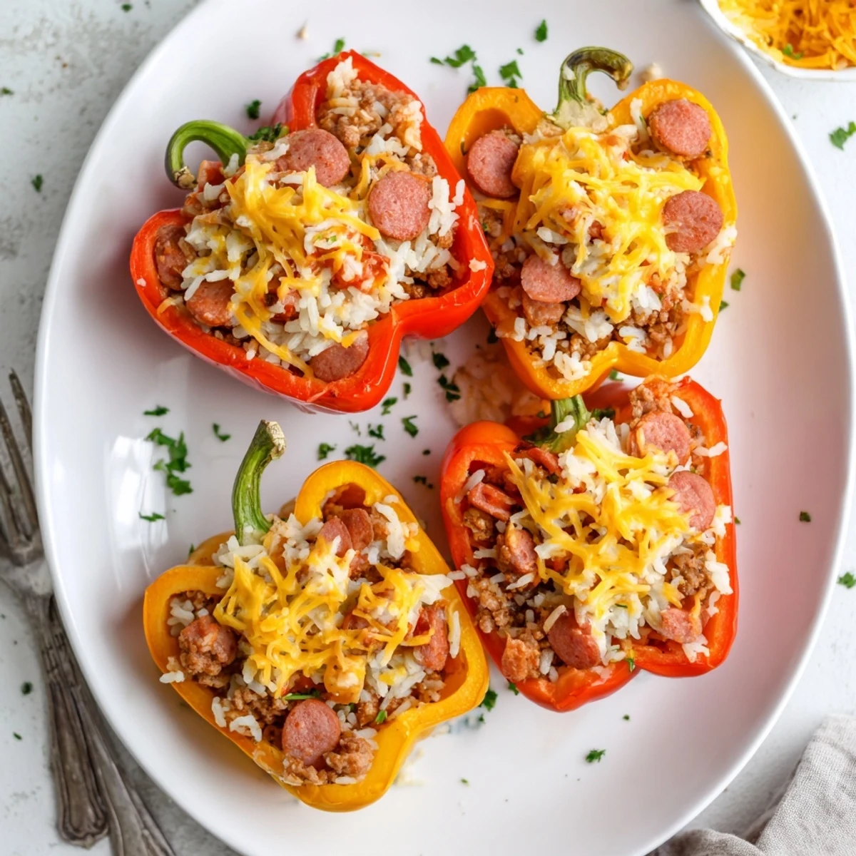 Golden melted cheese tops these kielbasa stuffed bell peppers with savory beef rice filling
