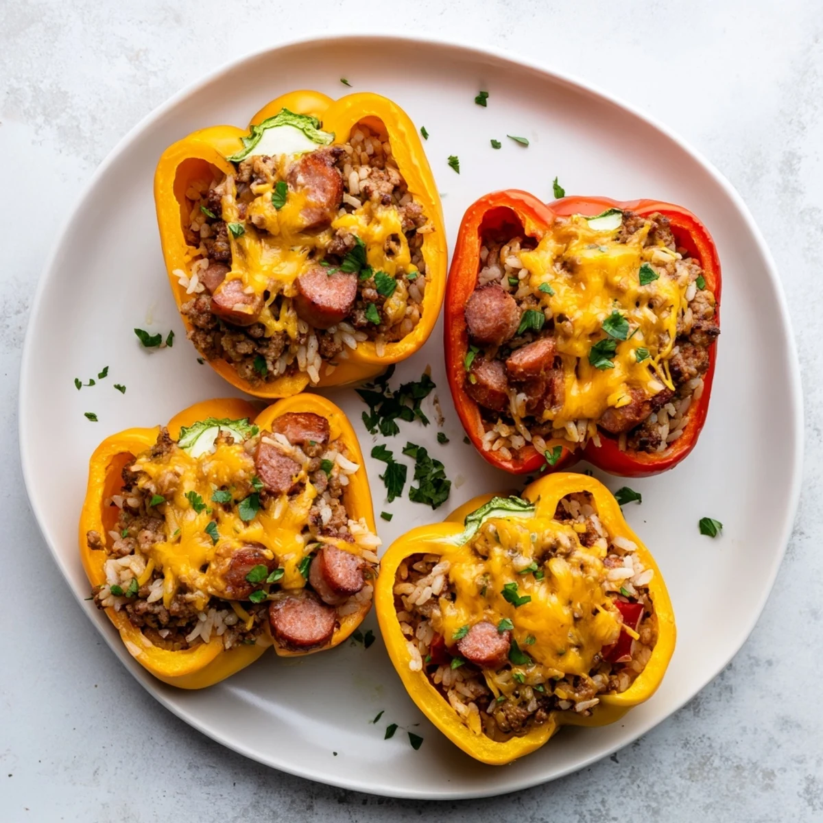 Hearty kielbasa stuffed bell peppers baked to perfection with melted cheddar and ground beef