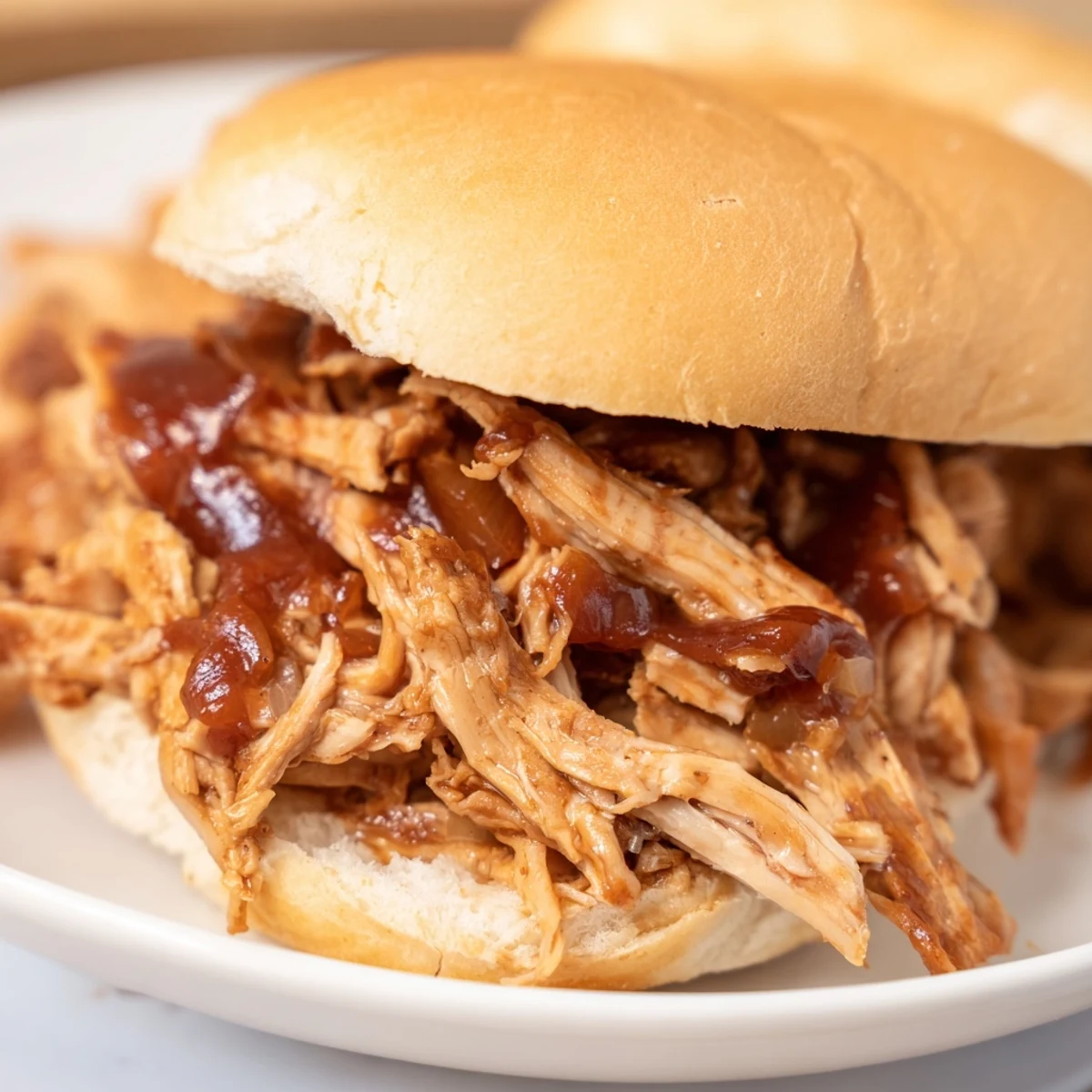 Golden Hawaiian roll sandwiches piled high with smoky BBQ pulled chicken and tangy slaw