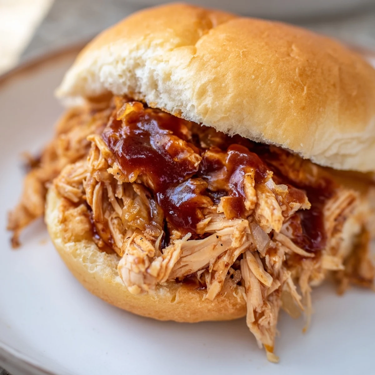 Delicious BBQ pulled chicken sliders featuring shredded meat on soft, buttery toasted sweet rolls