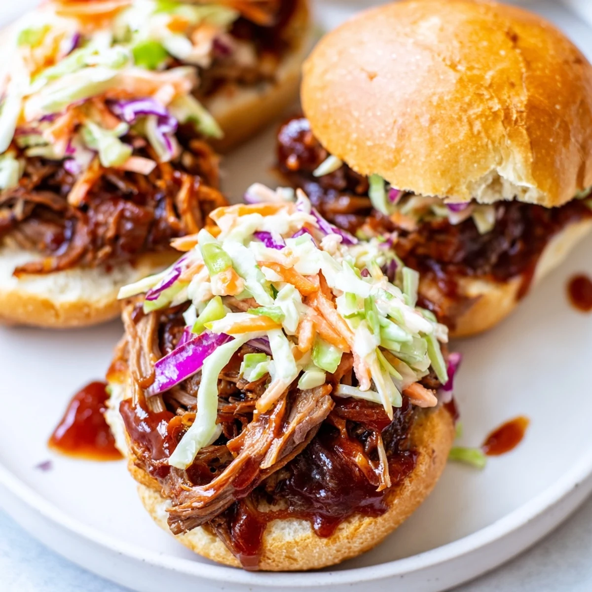 Tender BBQ pulled beef sliders piled high with crunchy coleslaw on toasted golden brioche buns