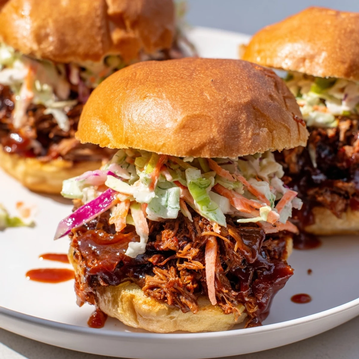 Homemade BBQ pulled beef sliders featuring juicy meat and fresh coleslaw on buttery brioche buns