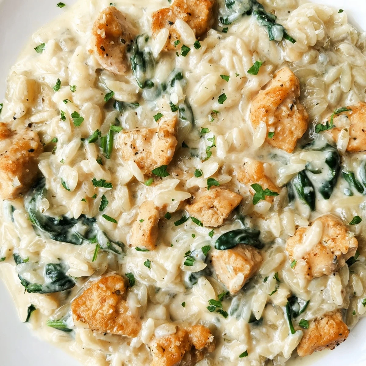 Creamy one pan Boursin chicken orzo with tender spinach and golden chicken pieces