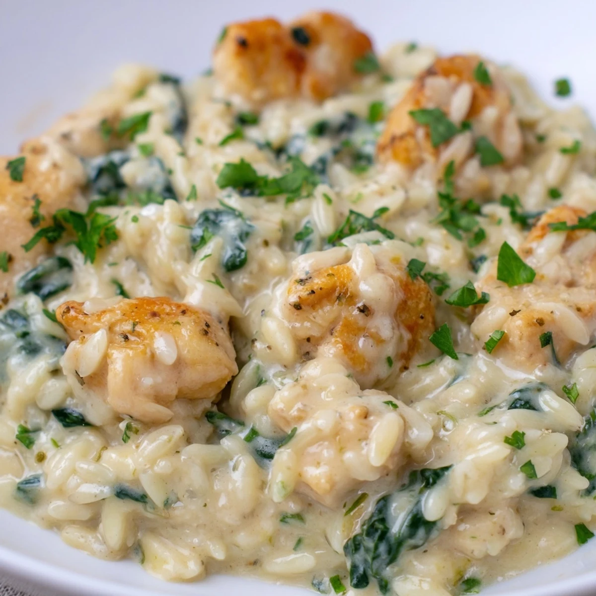 Golden chicken simmered in creamy Boursin cheese with orzo pasta and fresh wilted spinach