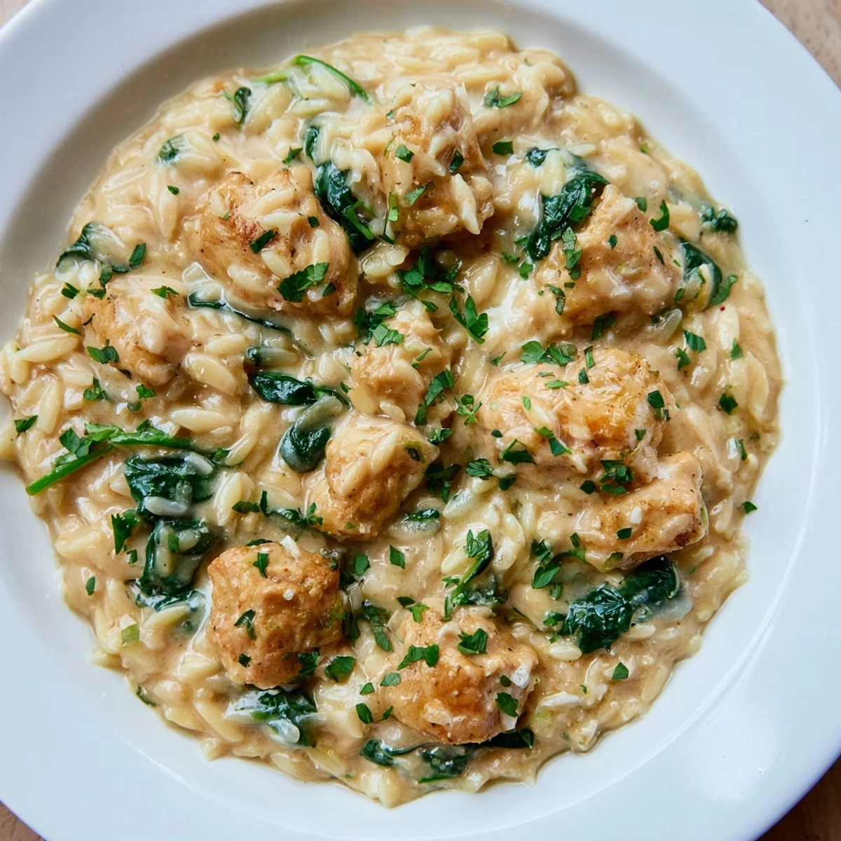 Skillet of Boursin chicken orzo showcasing rich cheese sauce, chicken, and vibrant green spinach