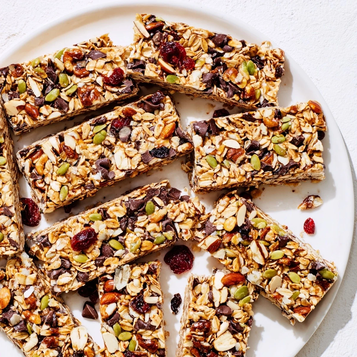 Golden brown healthy homemade granola bars studded with chocolate chips and chopped nuts