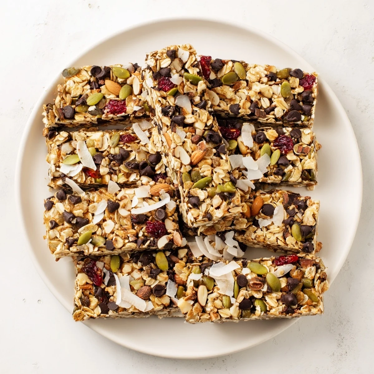 Chewy wholesome oats and honey bars stacked on a wooden cutting board