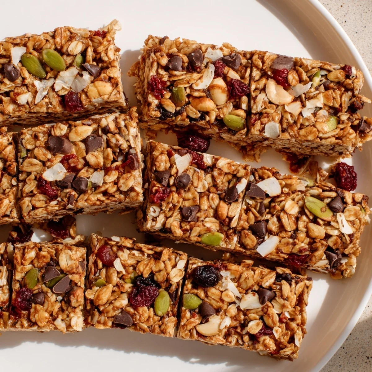 Freshly cut tray of naturally sweet granola bars with visible oats and seeds