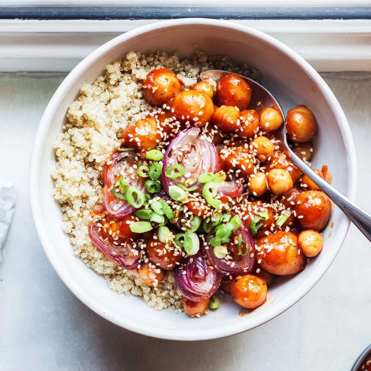 Golden roasted potatoes and crispy chickpeas coated in spicy gochujang sauce served over fluffy white quinoa in a bowl