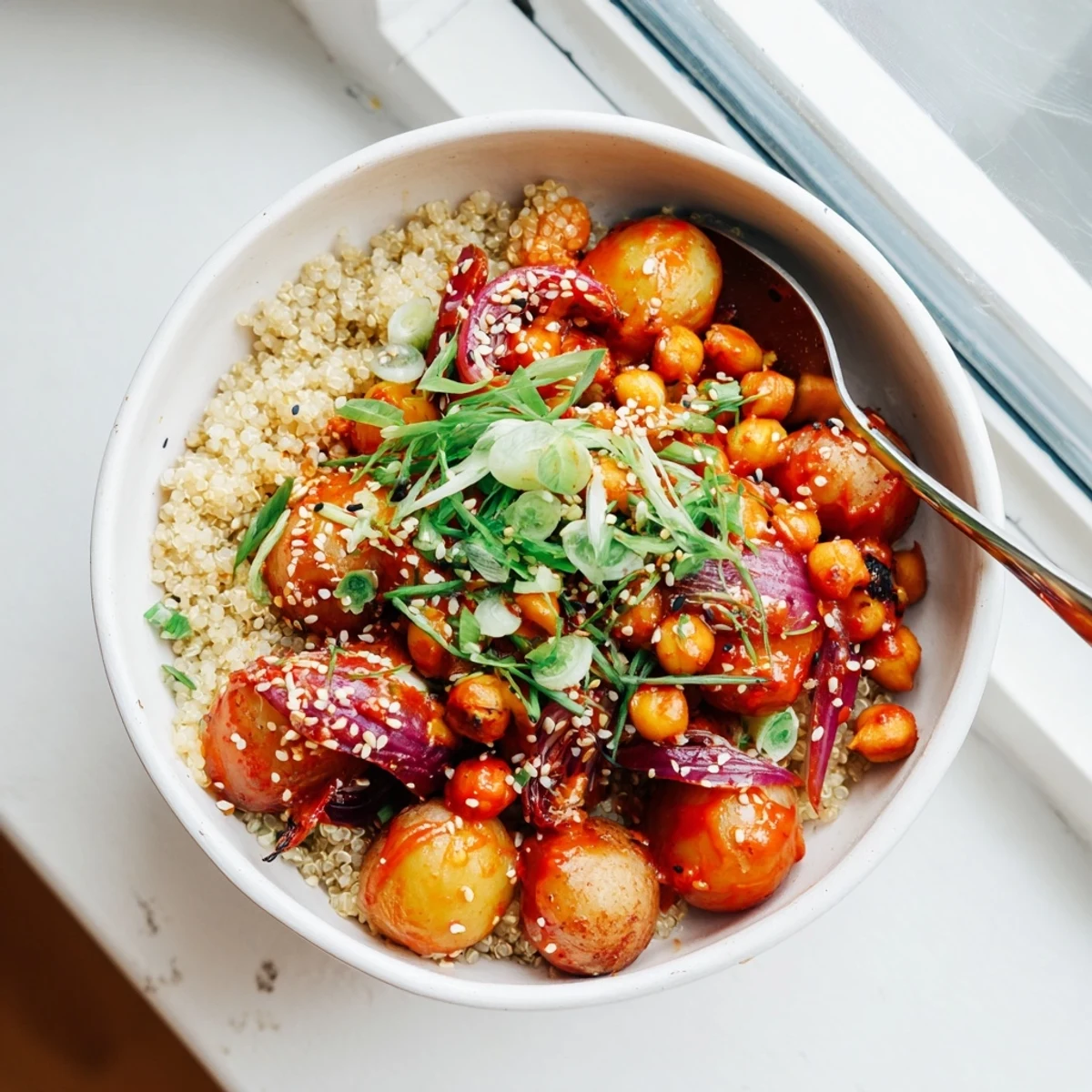 Hearty vegan bowl featuring gochujang glazed potatoes and chickpeas atop quinoa garnished with sesame seeds and fresh green onions