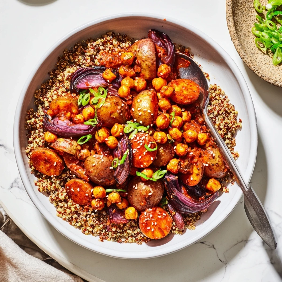 Spicy Korean-inspired gochujang potatoes and chickpeas mixture arranged over a bed of light fluffy quinoa for a satisfying plant-based meal