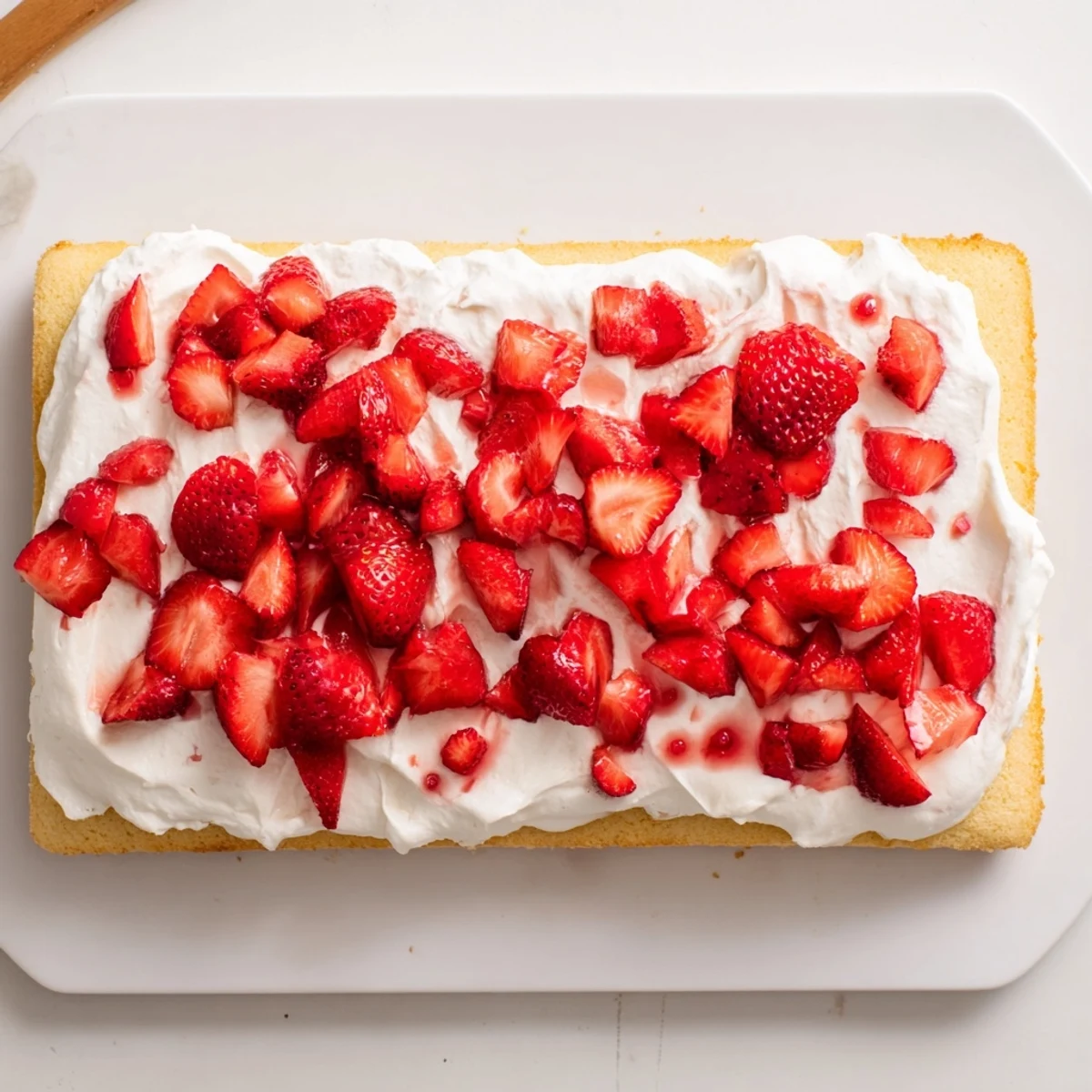 Golden vanilla strawberry shortcake sheet cake topped with fluffy whipped cream and fresh juicy red berries