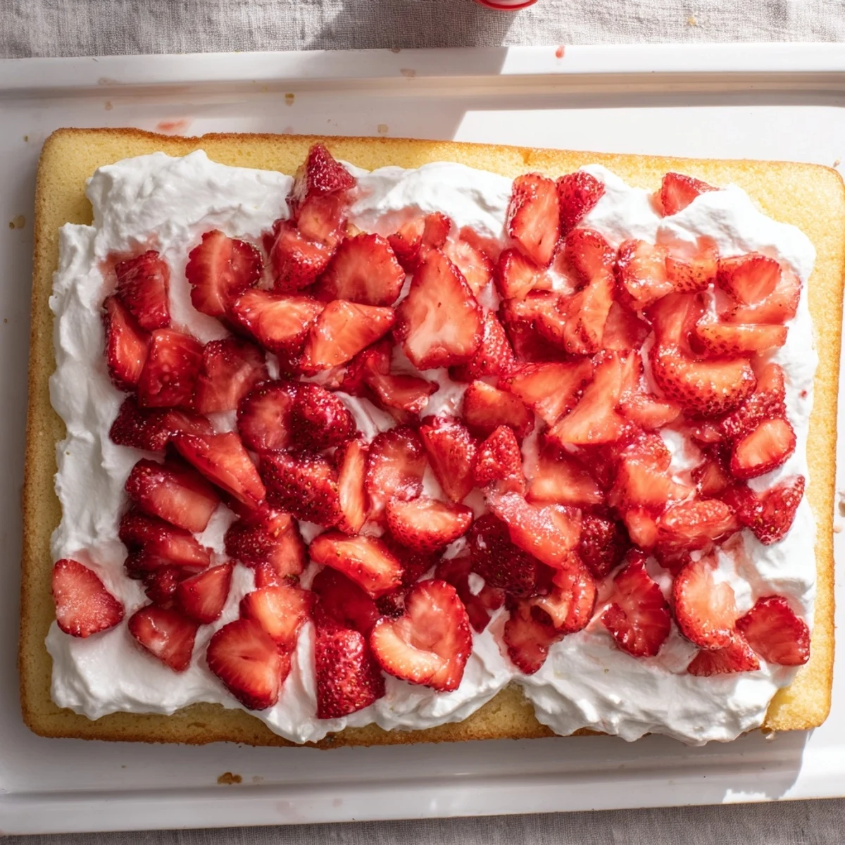 Rustic rectangular strawberry shortcake sheet cake swirled with sweet cream and macerated strawberry slices