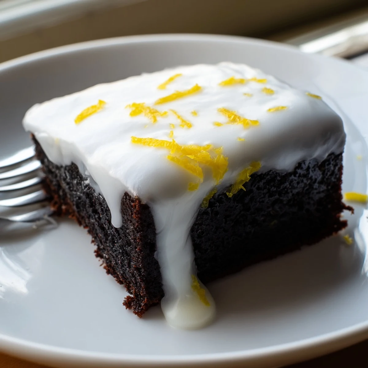 Moist lemon zest buttery brownies topped with tangy lemon icing served on a rustic wooden board