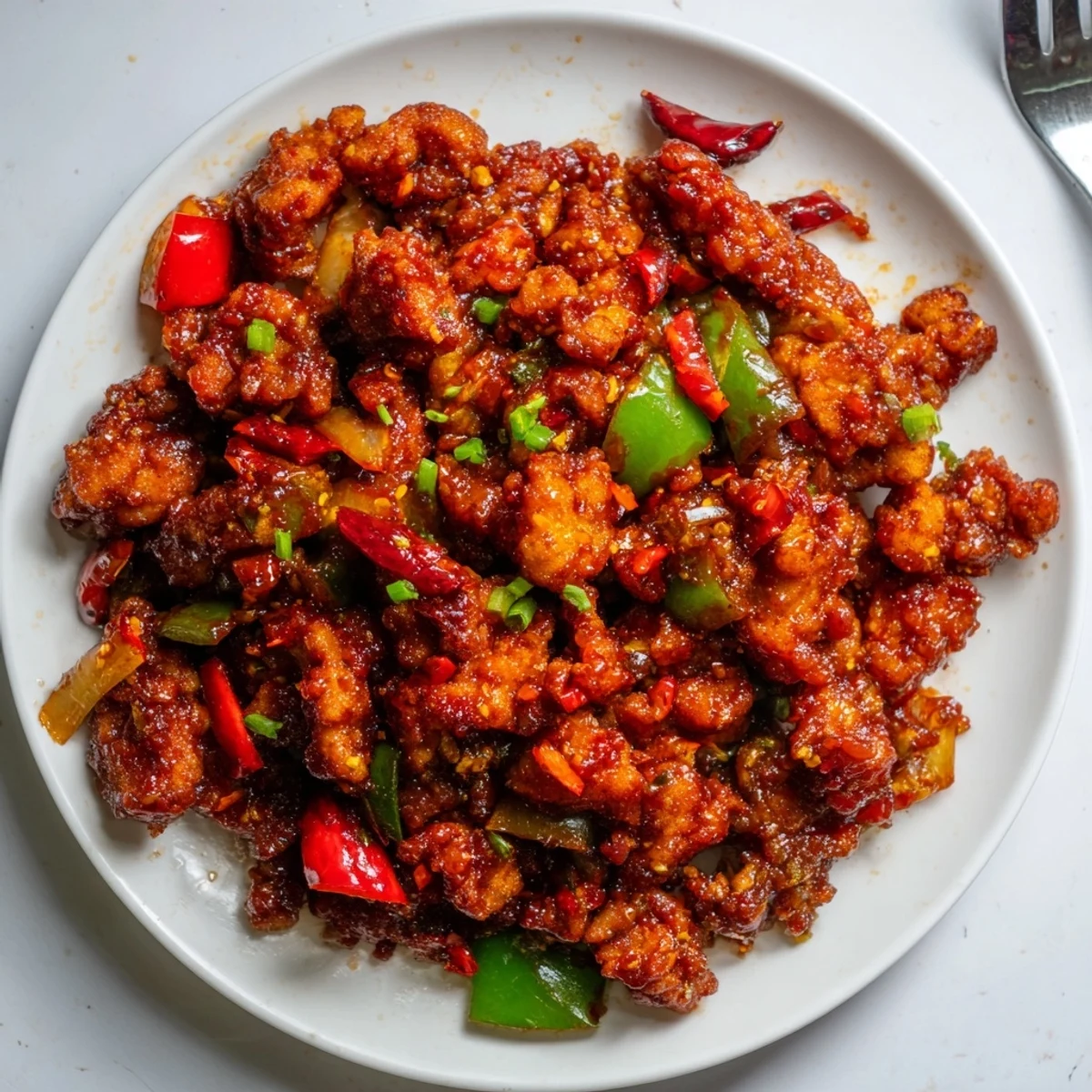 Crispy pieces of Flavorful Chilli Chicken Indo Chinese tossed with peppers  