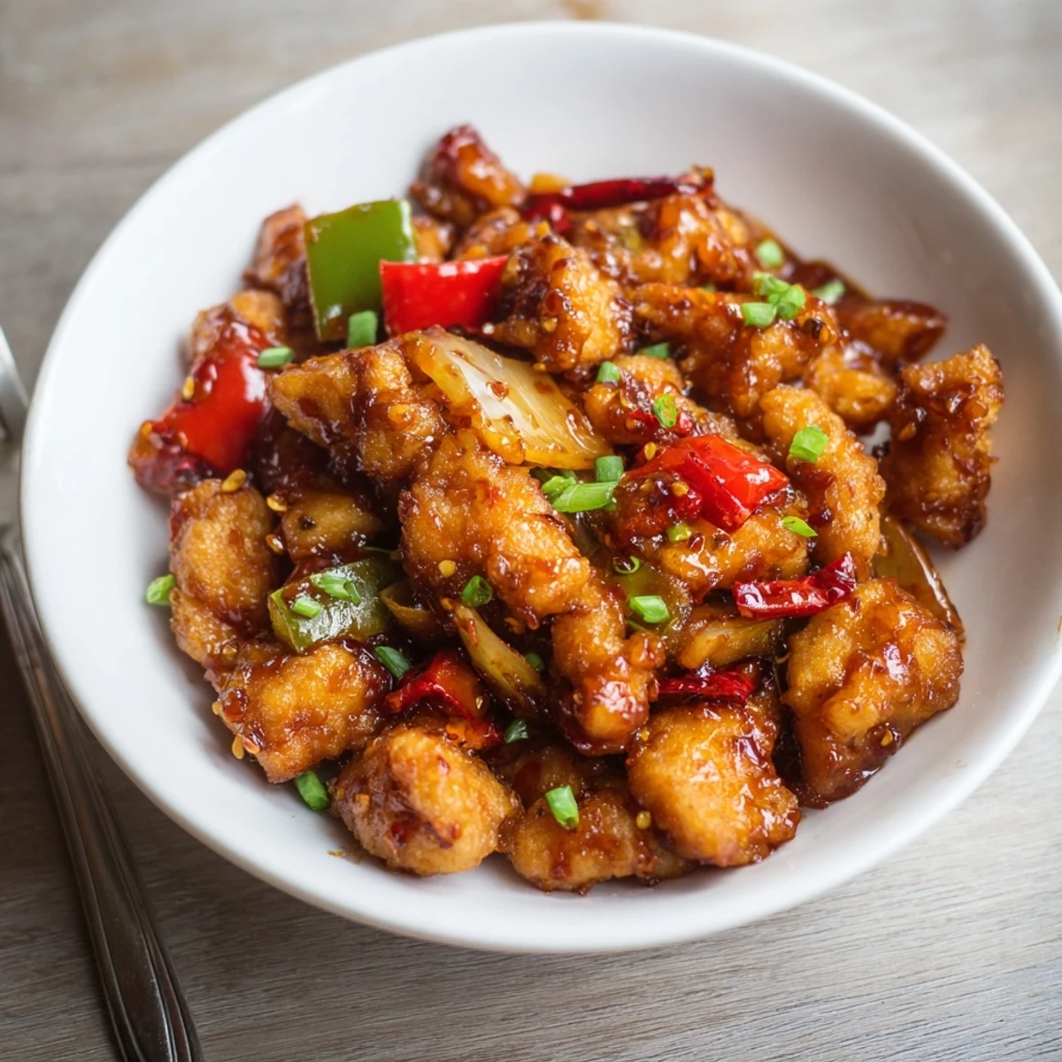 Spicy-sweet Flavorful Chilli Chicken Indo Chinese served hot with fried rice