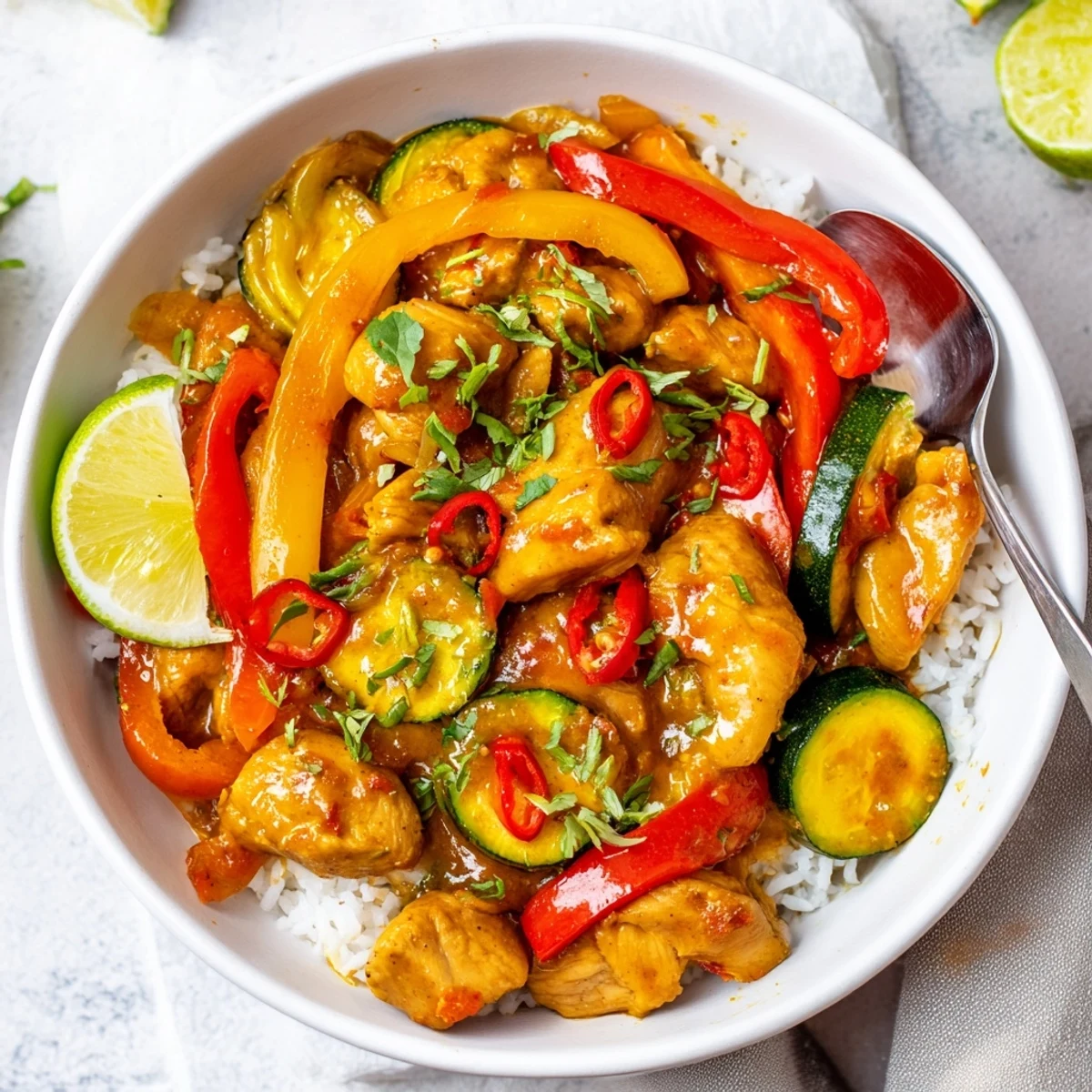 Spicy Summer Coconut Chicken Curry steaming over jasmine rice, vibrant peppers glistening
