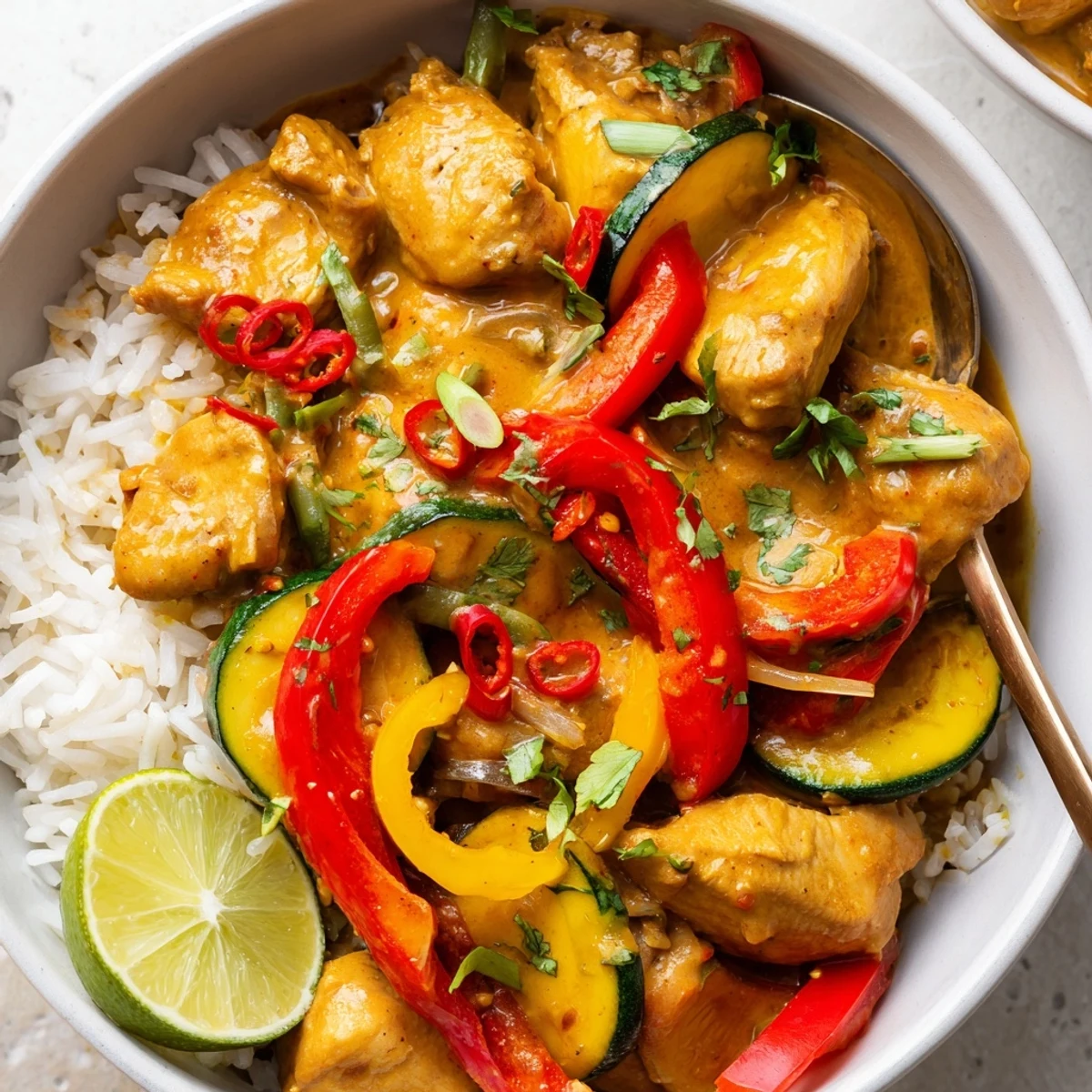 Bowl of Spicy Summer Coconut Chicken Curry with cilantro, lime wedge, bright colors
