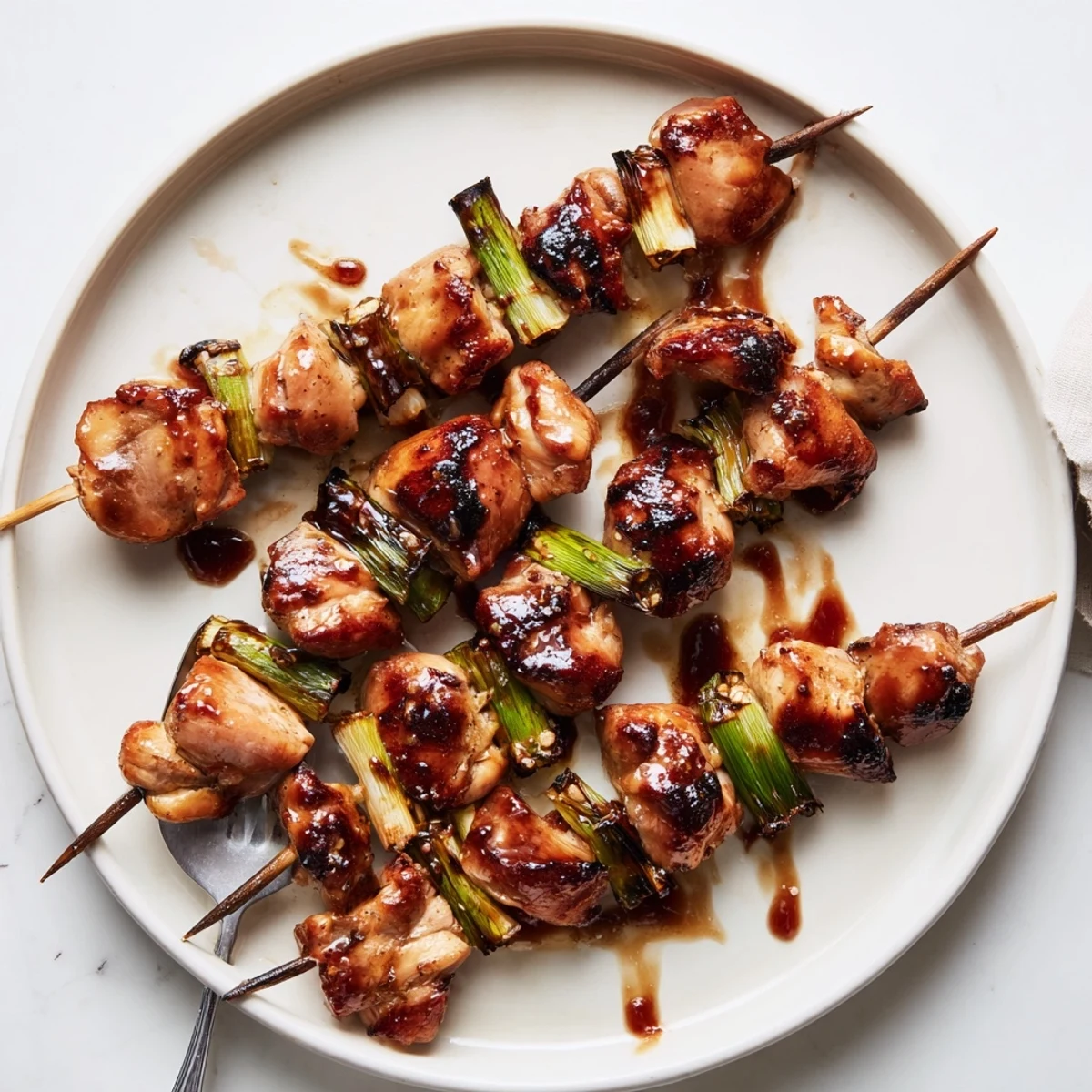 Japanese Chicken Yakitori Recipe brushed with sweet soy glaze, paired with steamed rice