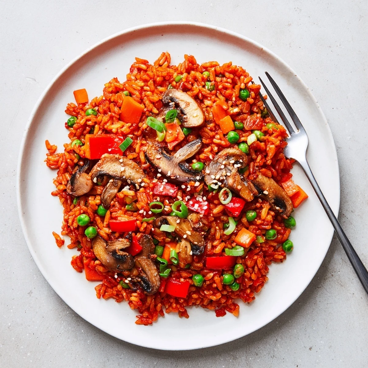Vegan gochujang fried rice with colorful vegetables in a dark skillet garnished with sesame seeds