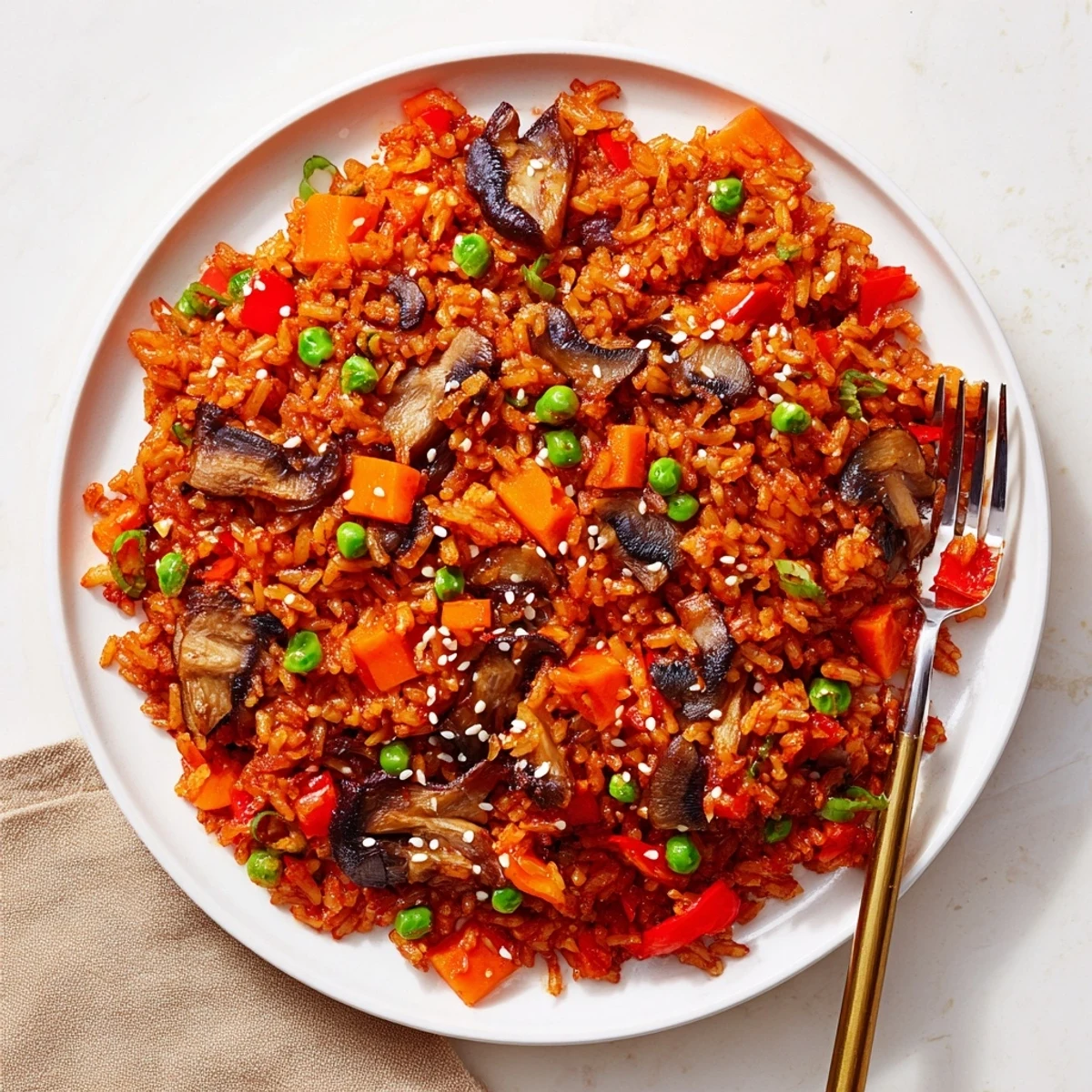 Steam rising from spicy Korean-inspired vegan gochujang fried rice with red peppers and green onions