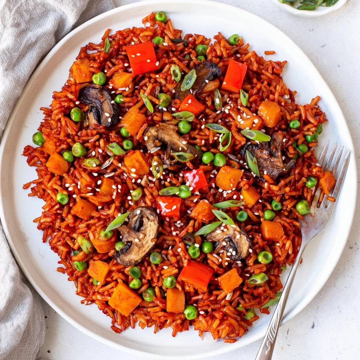 Close-up of vegan gochujang fried rice featuring crispy rice grains mixed with vibrant diced vegetables