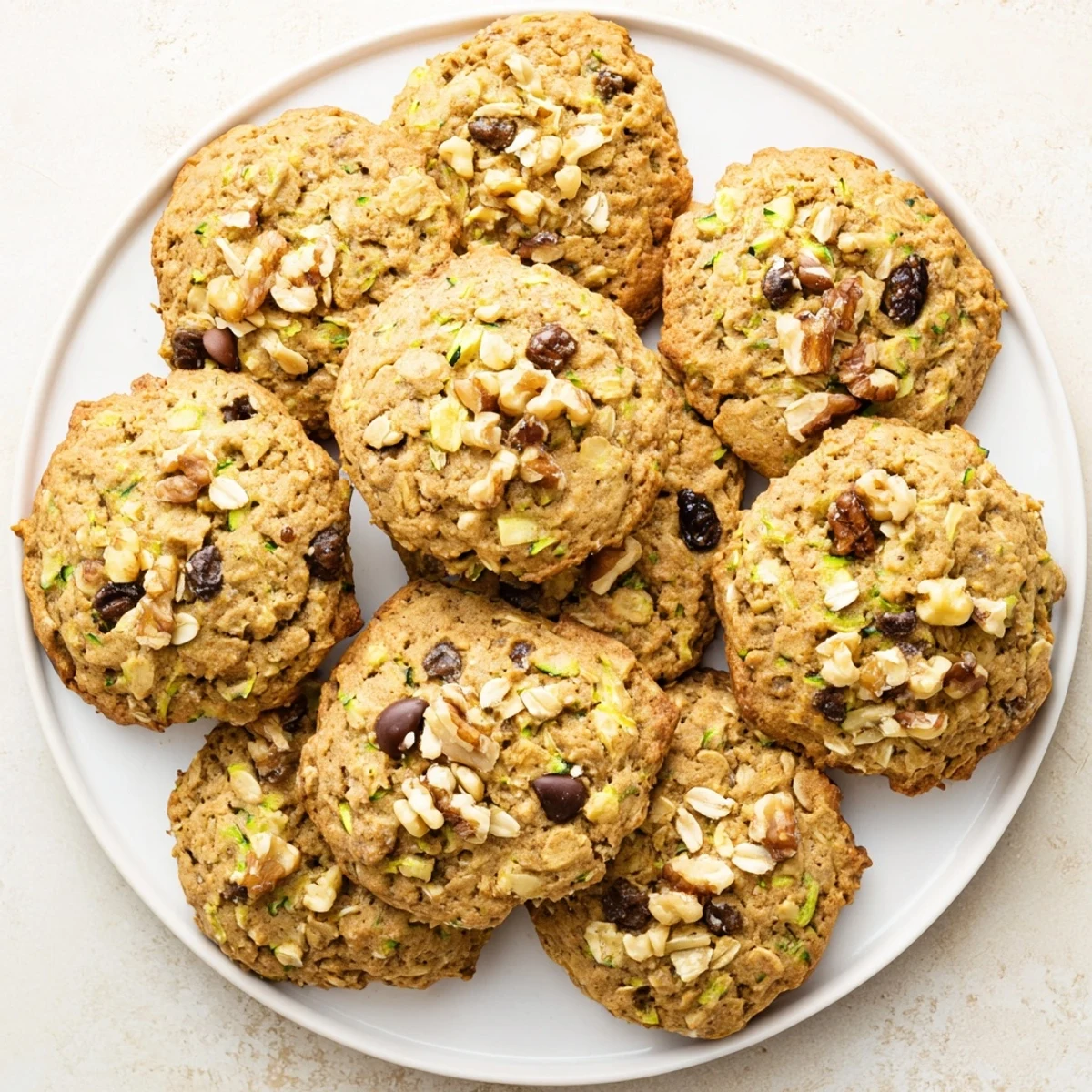 Golden brown zucchini bread breakfast cookies studded with chopped walnuts and plump raisins on a wire cooling rack