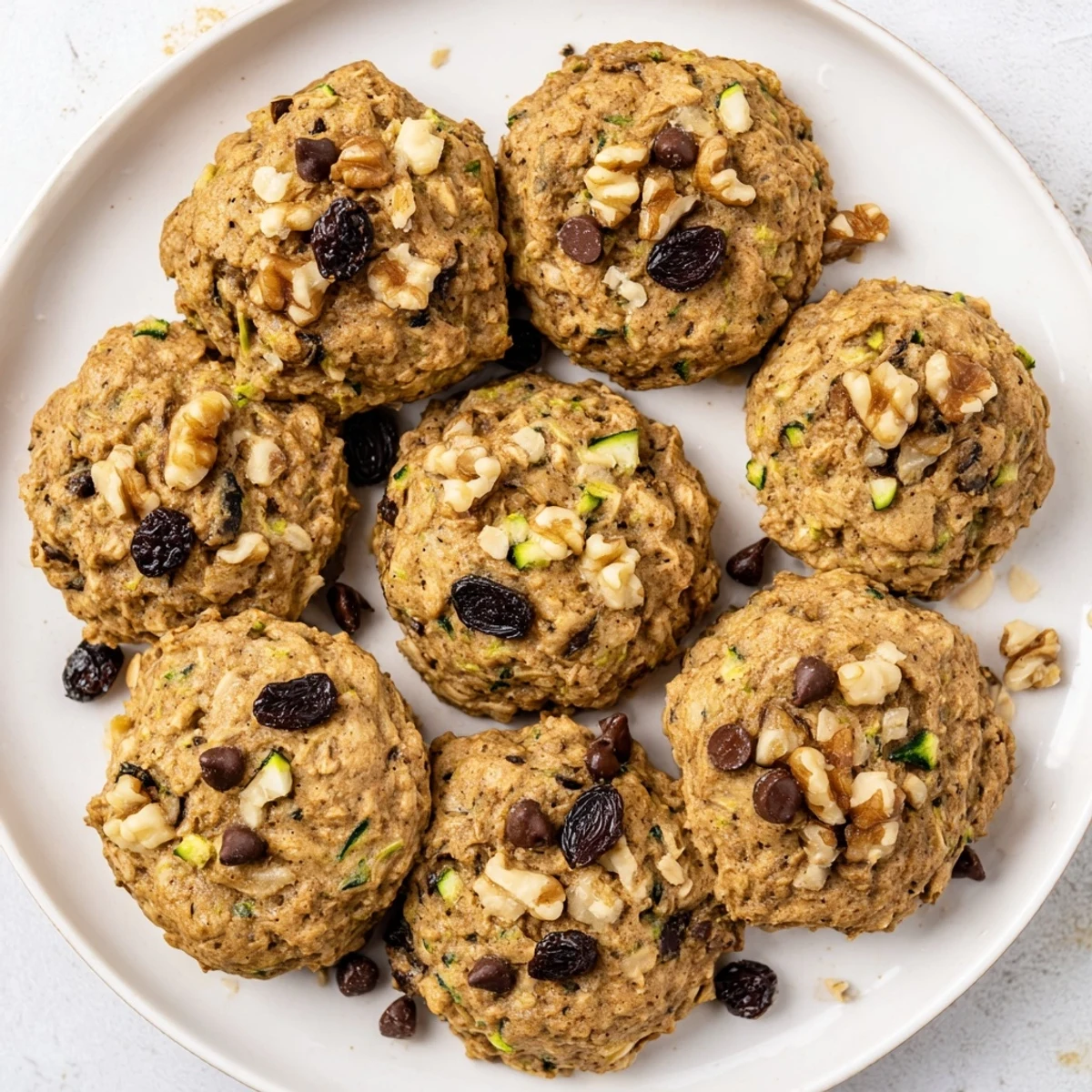 Homemade zucchini bread breakfast cookies stacked on a wooden board, featuring oats and nuts throughout